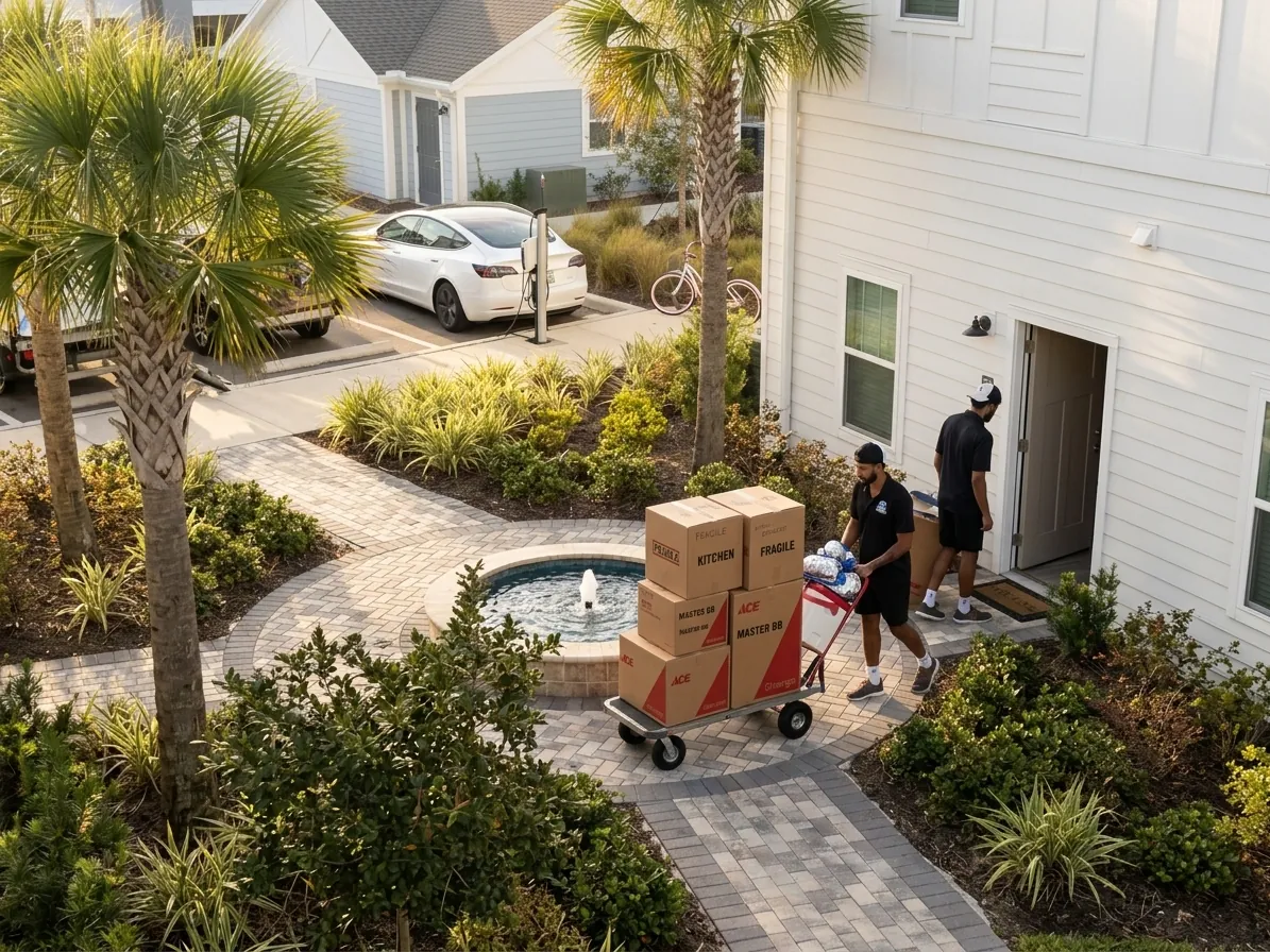Movers loading furniture into a moving truck outside a Jacksonville apartment building