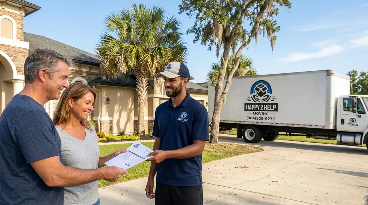 St. Johns County map overlay with six moving company logos arranged in a buyer's guide comparison grid