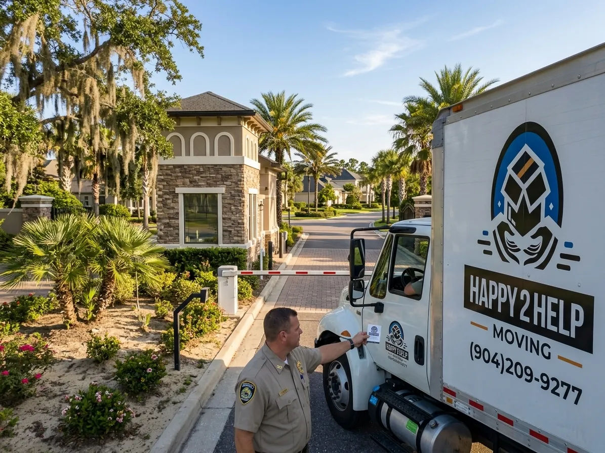 A moving company truck approaching a gated community gate house with a guard checking paperwork on a clipboard