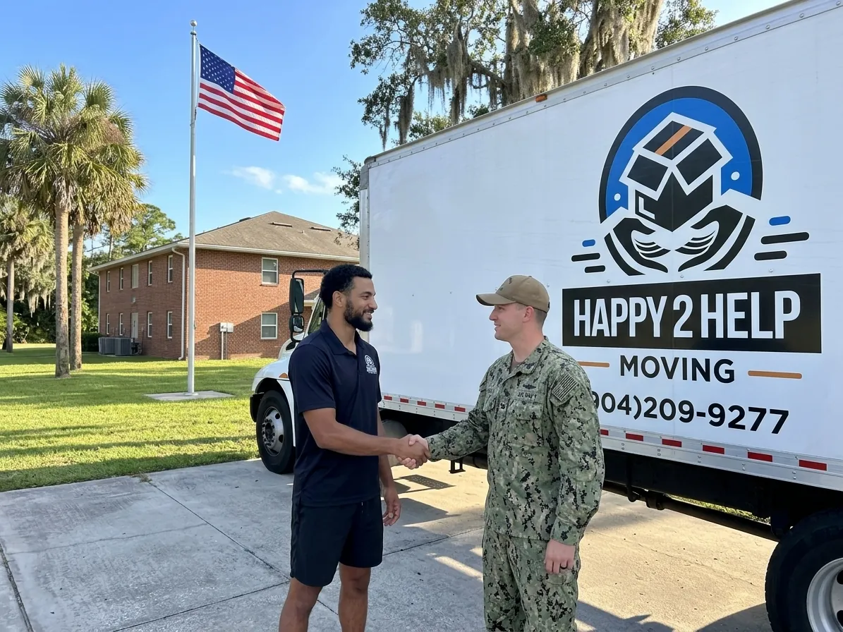 US Navy service member with family arriving at NAS Jacksonville with moving boxes and military-issued duffel bags