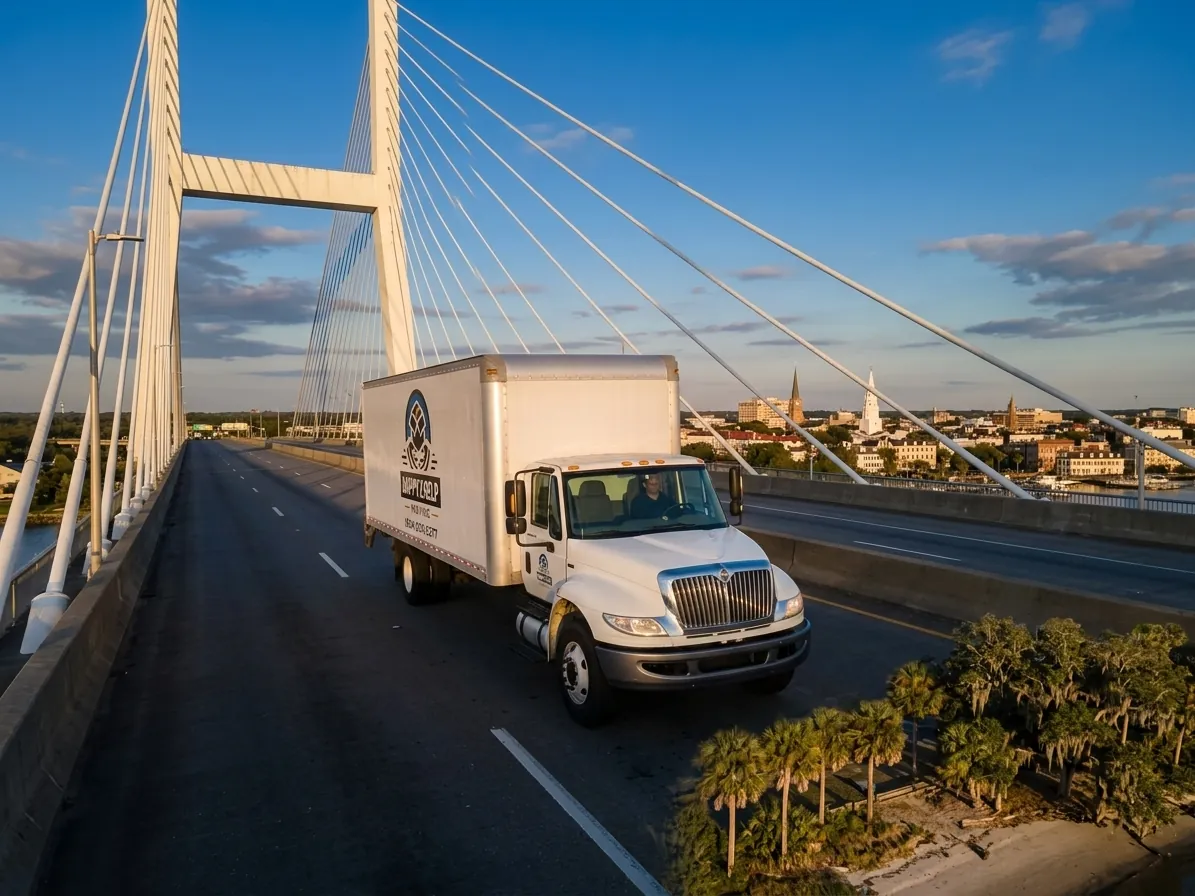 A moving truck on Interstate 95 northbound with the Charleston historic district visible across the harbor