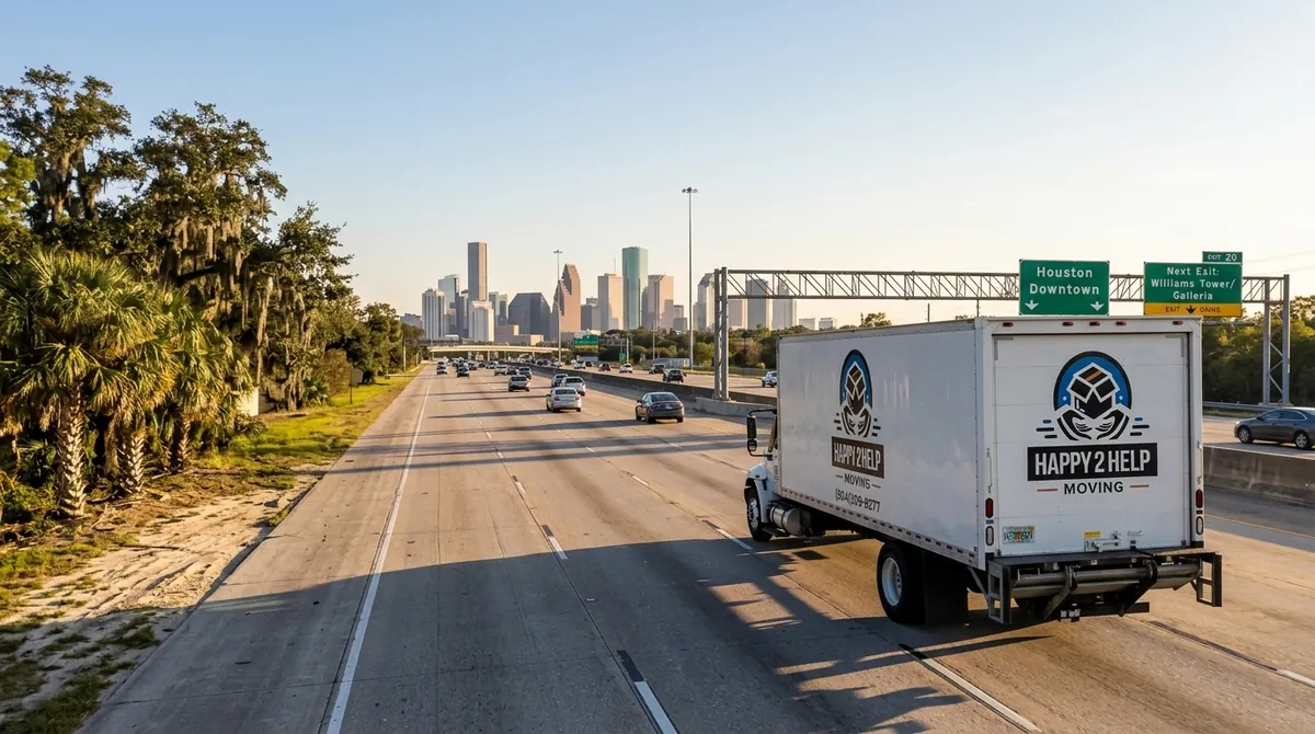 A moving truck on Interstate 10 westbound with the Houston downtown skyline visible