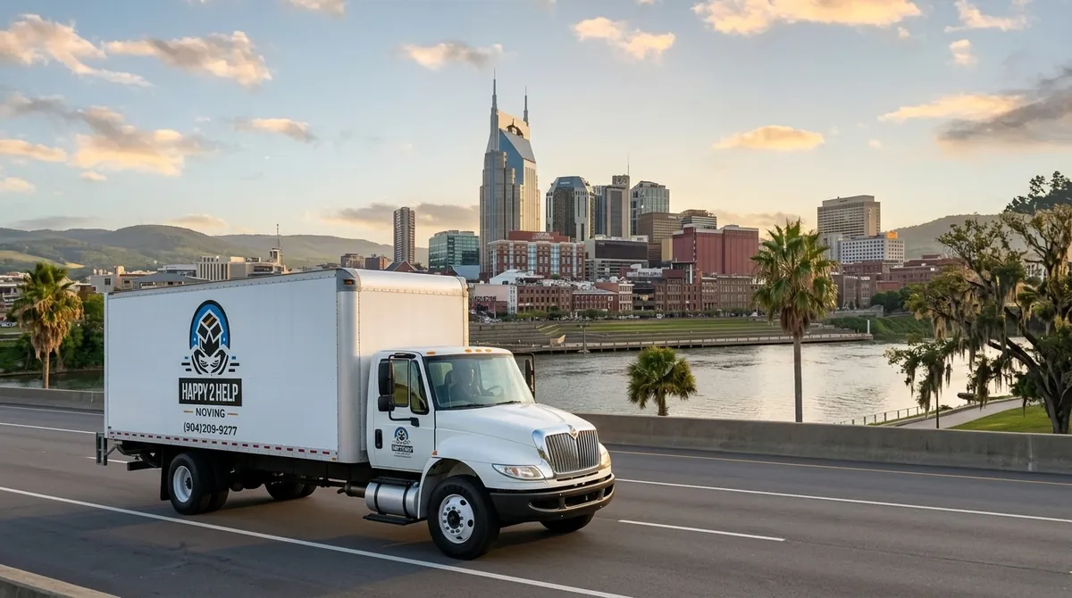 A moving truck on Interstate 65 with the Nashville skyline visible in the distance