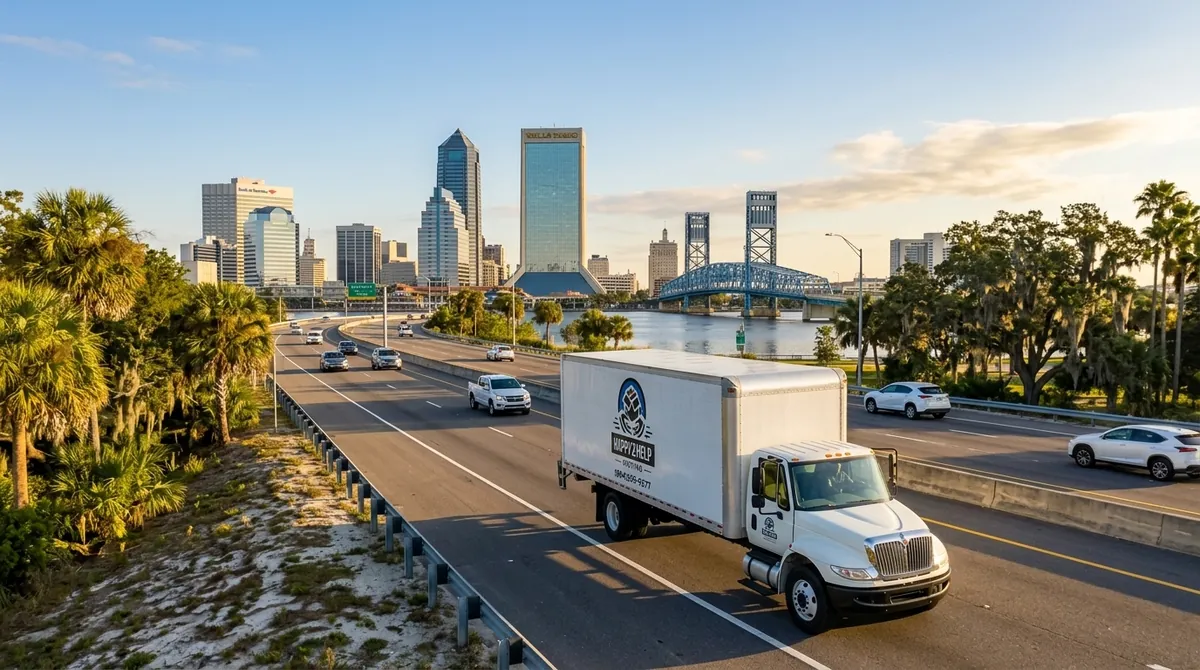 Split-screen illustration of New York City skyline transitioning into Jacksonville Florida coastal homes