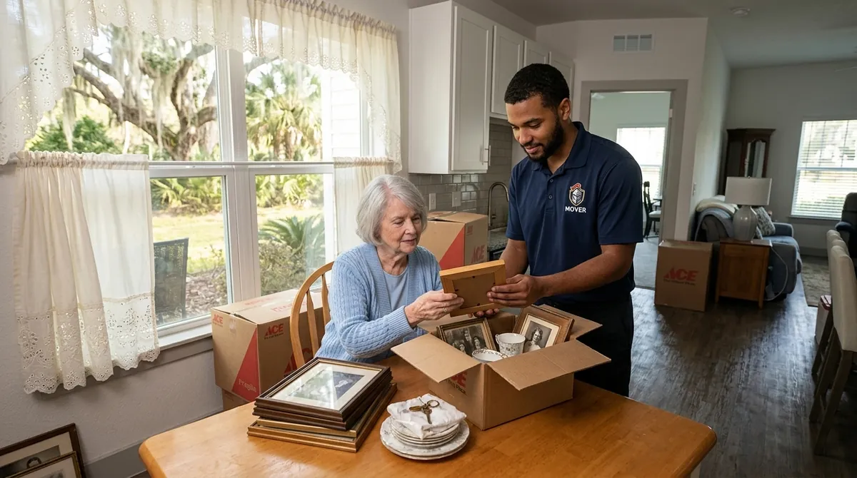 An adult daughter helping her elderly parent sort belongings during a downsizing move in Northeast Florida