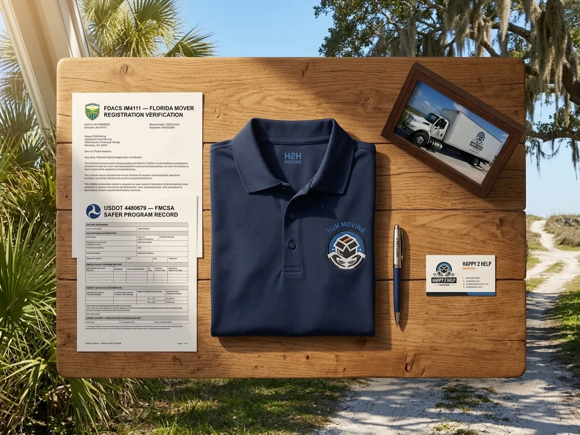 A Florida homeowner reviewing a moving company's FDACS registration document on a kitchen table