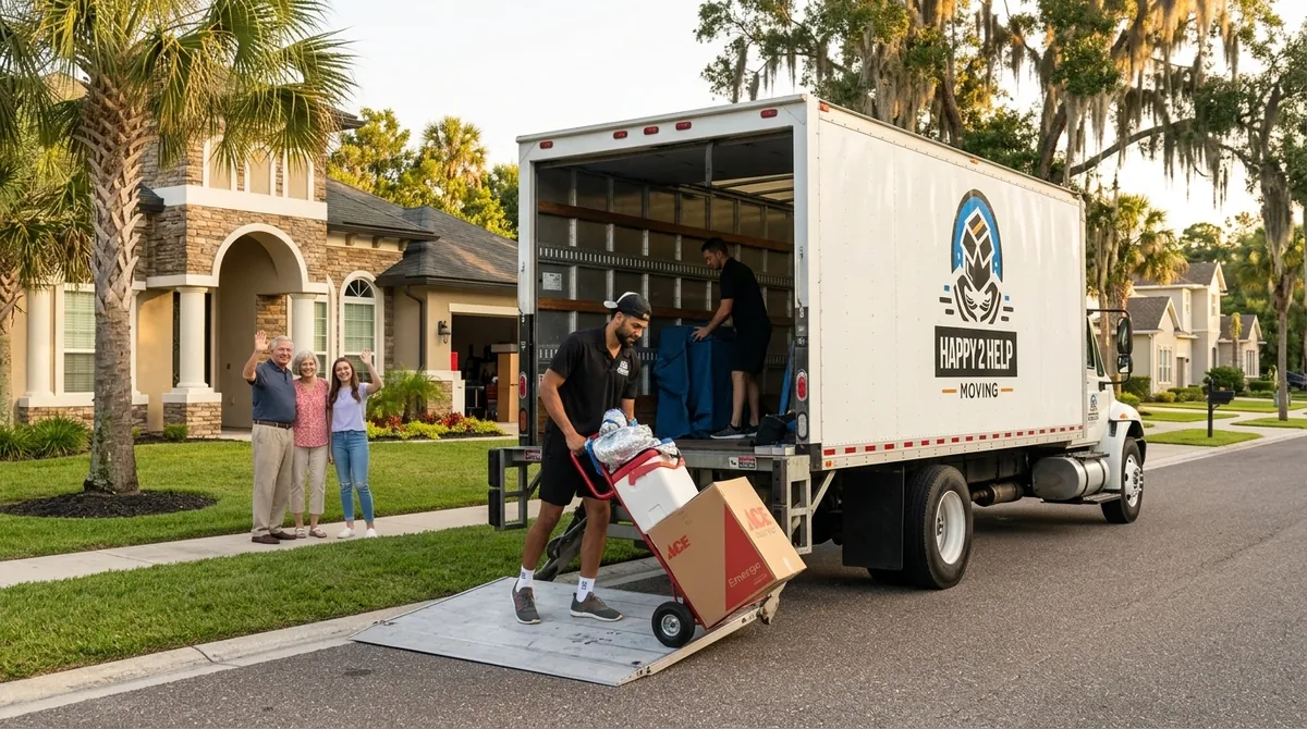 Happy 2 Help Moving crew loading a truck in a St. Johns County neighborhood at golden hour