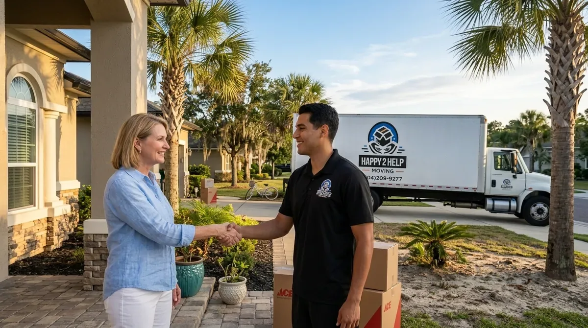 The Happy 2 Help Moving crew greeting a Northeast Florida customer at the door of her home — owner-operated by Devin Vangel