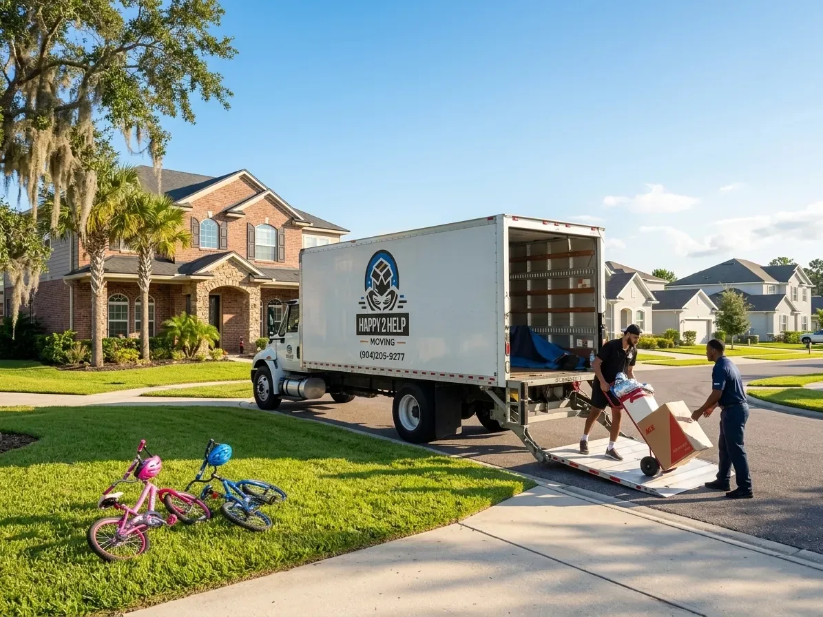 The Happy 2 Help Moving wrapped truck delivering at a Northeast Florida family neighborhood — owner-operated by Devin Vangel